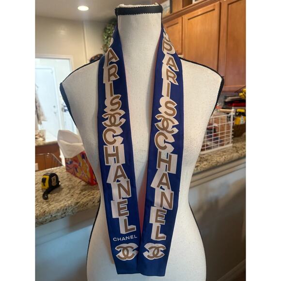 Chanel Silk Twill Slim Bandeau Scarf Blue Ecru Beige - Picture 3 of 8
